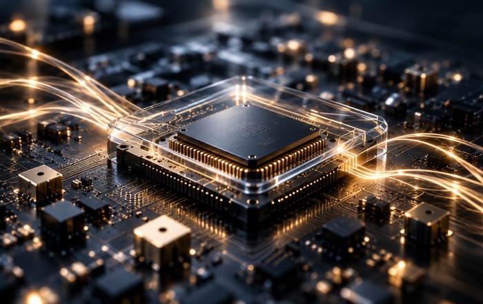 Engineer working on a custom integrated circuit package in a semiconductor laboratory